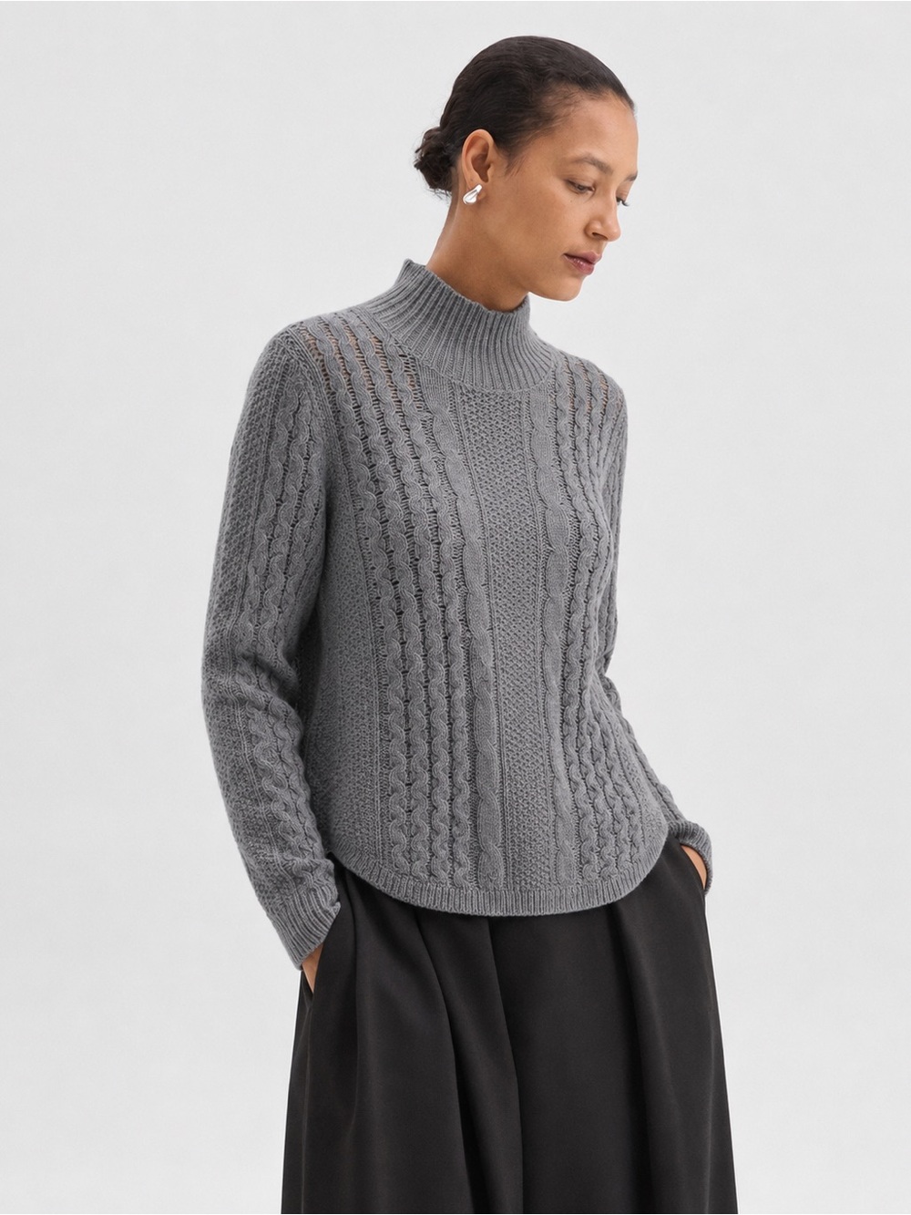 Theory Merino Wool Cashmere Angora Cable Knit Turtleneck Sweater Gray Medium *F